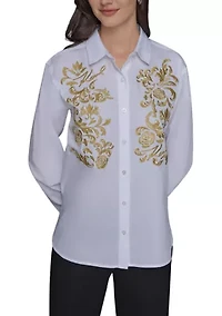 Women's Rose Embroidered Button Front Shirt