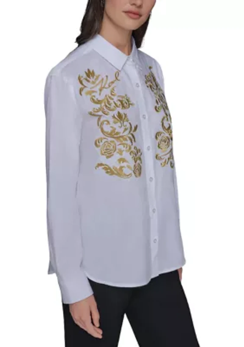 Women's Rose Embroidered Button Front Shirt