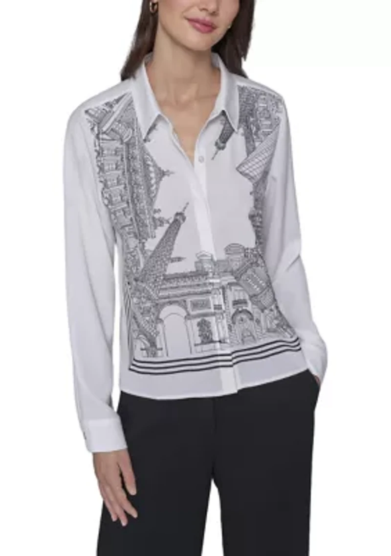 Women's Paris Border Button Front Top