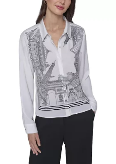 Women's Paris Border Button Front Top