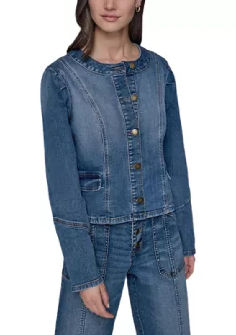 Women's Collarless Button Front Denim Jacket