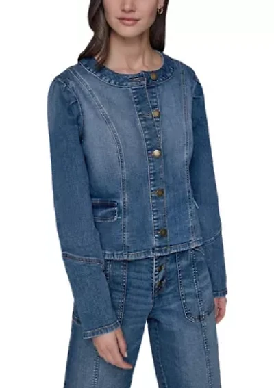 Women's Collarless Button Front Denim Jacket
