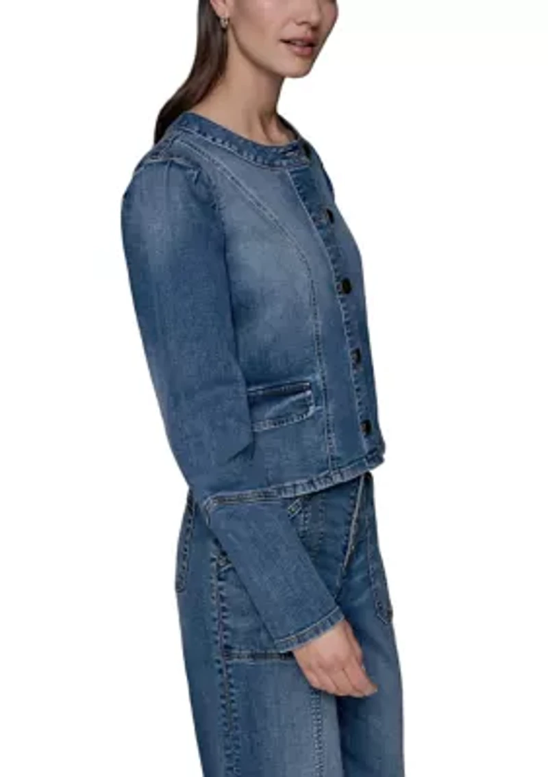 Women's Collarless Button Front Denim Jacket