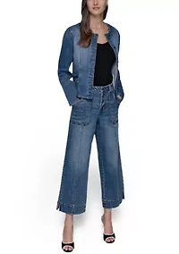 Women's Collarless Button Front Denim Jacket