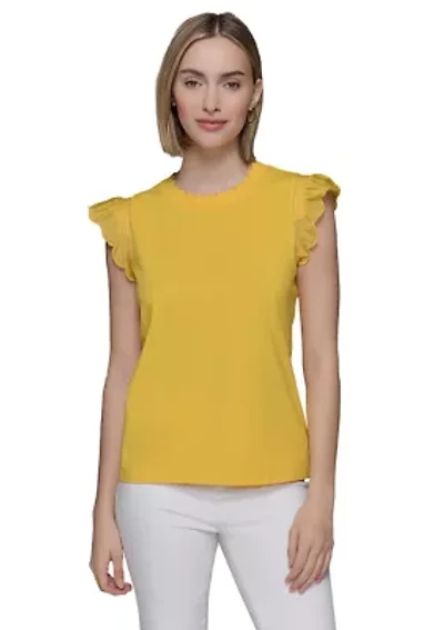 Women's Flutter Sleeve Mixed Media Top