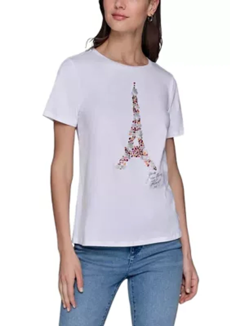 Women's Sequin Eiffel Tower Graphic T-Shirt