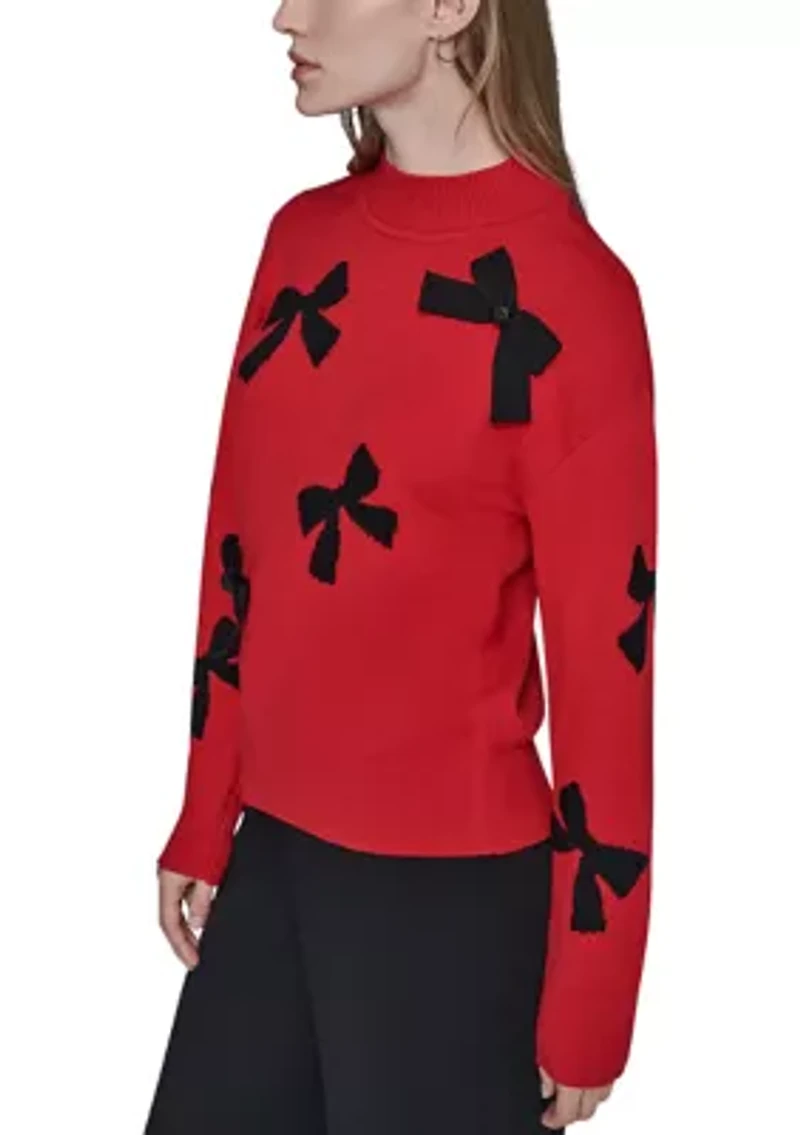 Women's All Over Bow Funnel Neck Sweater
