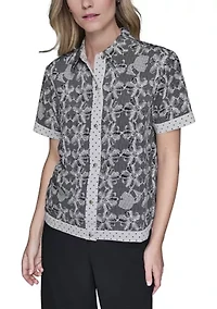Women's Short Sleeve Lace Print Blouse