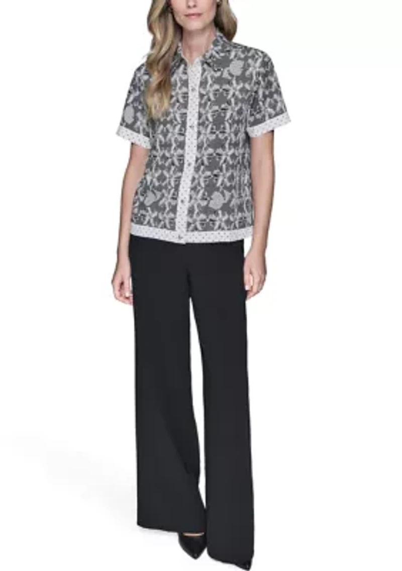 Women's Short Sleeve Lace Print Blouse