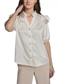 Women's Ruffle Sleeve Split Neck Blouse