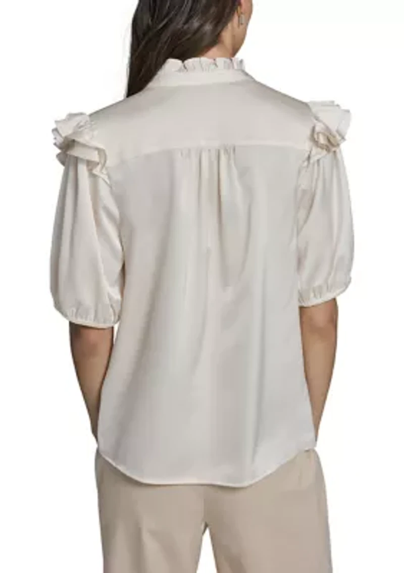 Women's Ruffle Sleeve Split Neck Blouse