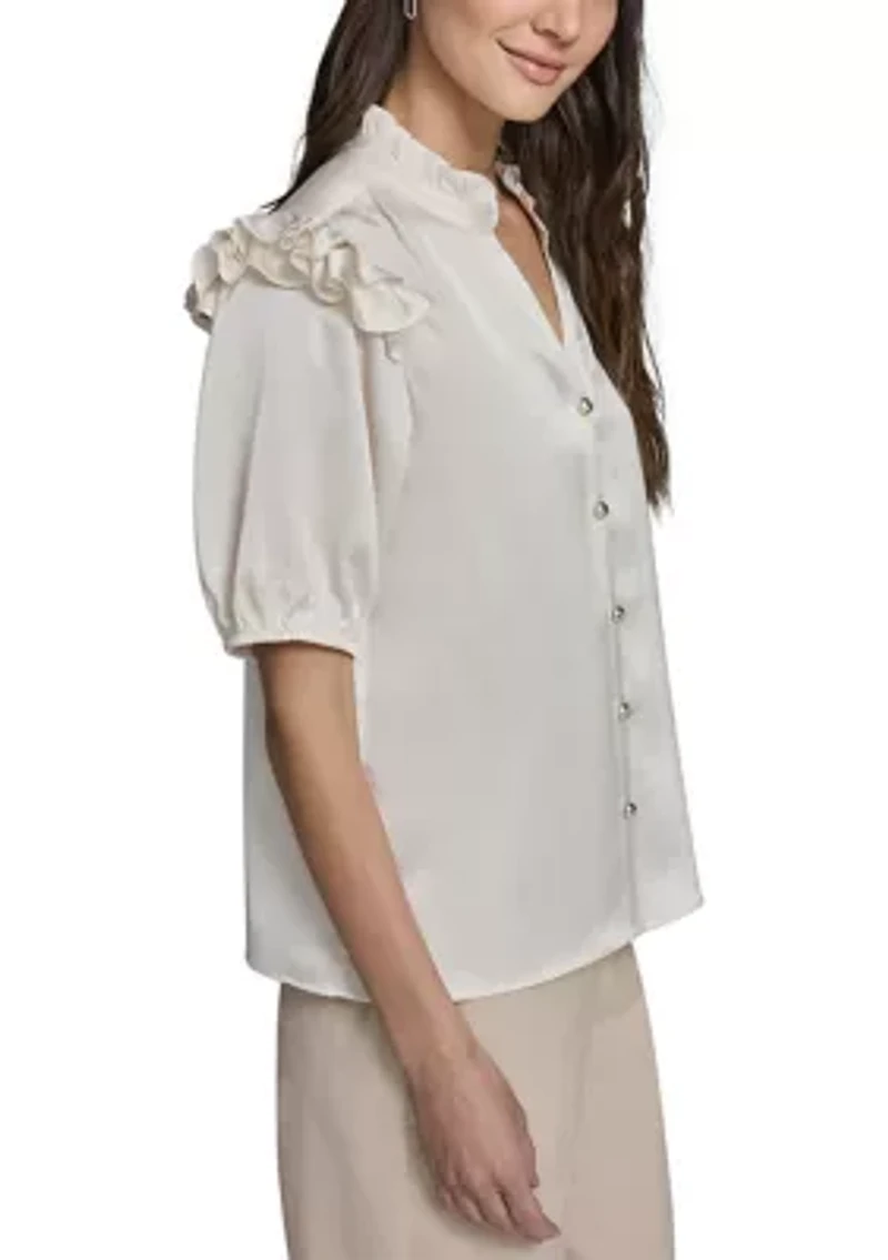 Women's Ruffle Sleeve Split Neck Blouse