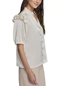 Women's Ruffle Sleeve Split Neck Blouse