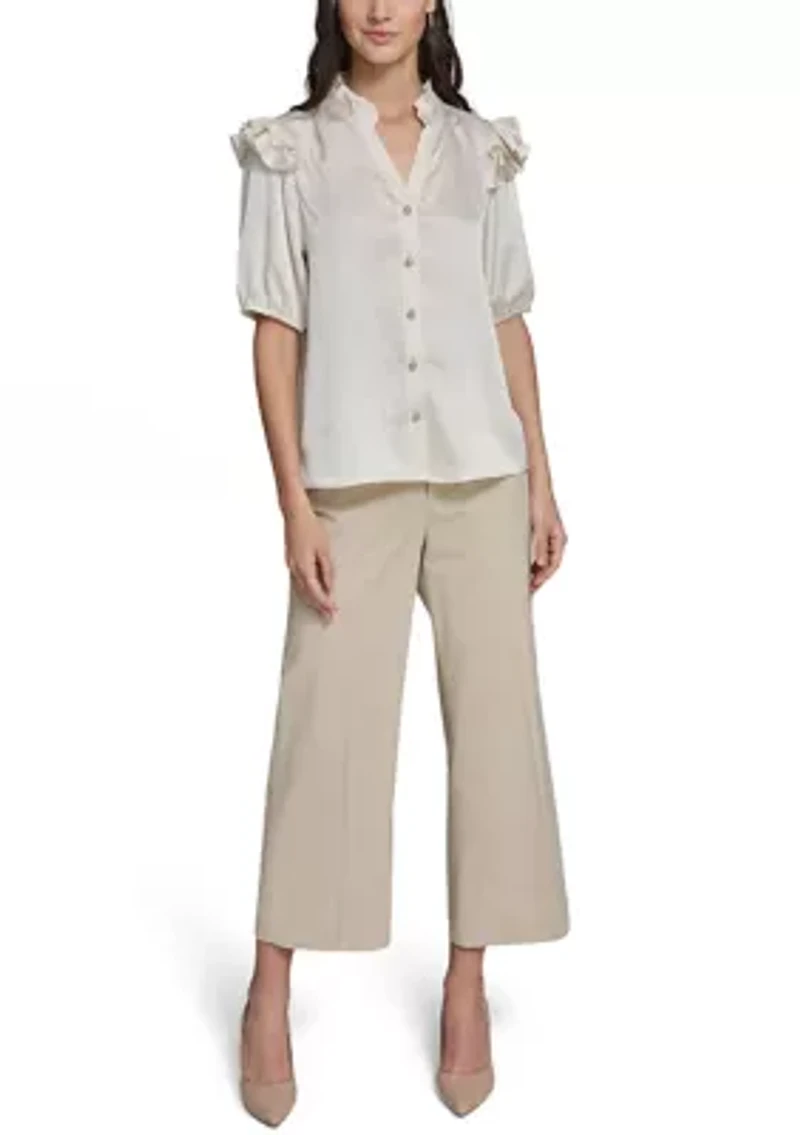 Women's Ruffle Sleeve Split Neck Blouse