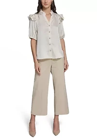 Women's Ruffle Sleeve Split Neck Blouse