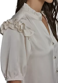 Women's Ruffle Sleeve Split Neck Blouse