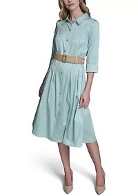 Women's 3/4 Sleeve Belted Shirtdress