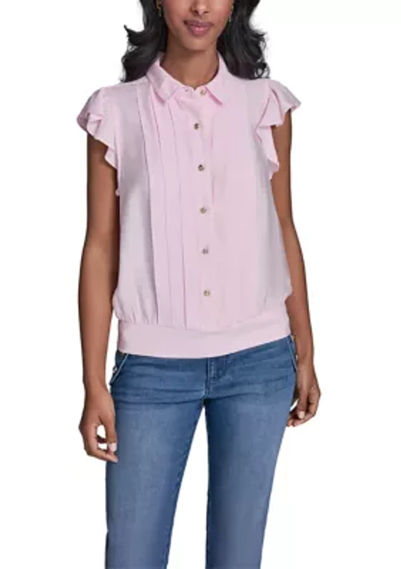 Women's Bubble Sleeve Button Front Blouse