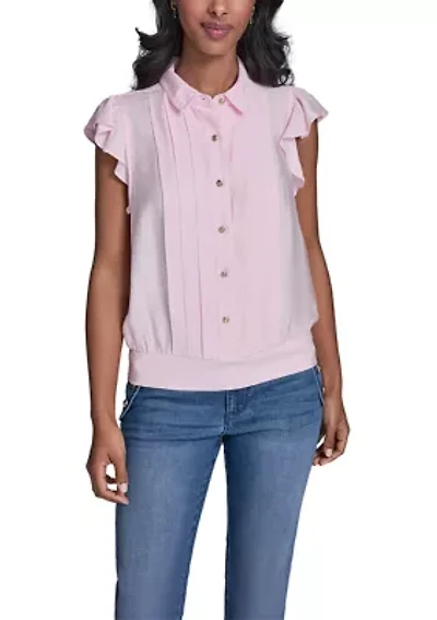Women's Bubble Sleeve Button Front Blouse