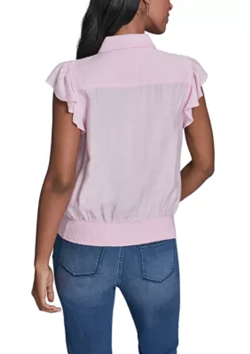 Women's Bubble Sleeve Button Front Blouse