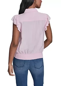 Women's Bubble Sleeve Button Front Blouse