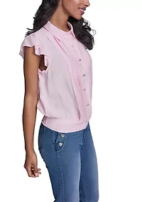 Women's Bubble Sleeve Button Front Blouse