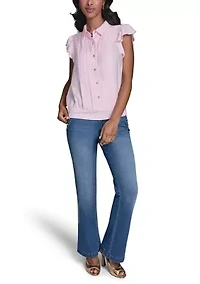 Women's Bubble Sleeve Button Front Blouse