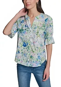 Women's Three-Quarter Bubble Sleeve Floral Blouse