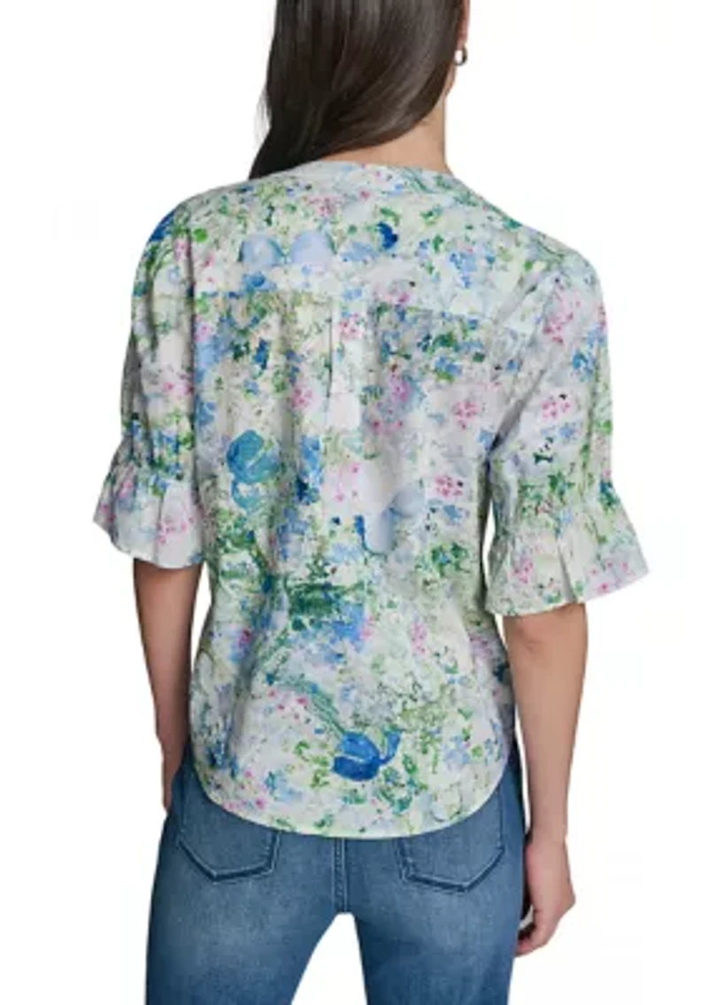 Women's Three-Quarter Bubble Sleeve Floral Blouse