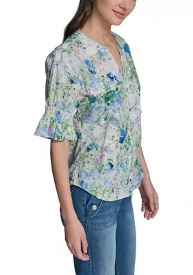 Women's Three-Quarter Bubble Sleeve Floral Blouse