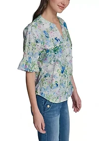 Women's Three-Quarter Bubble Sleeve Floral Blouse