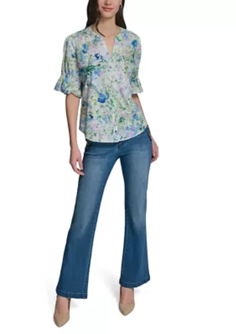 Women's Three-Quarter Bubble Sleeve Floral Blouse