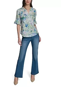 Women's Three-Quarter Bubble Sleeve Floral Blouse