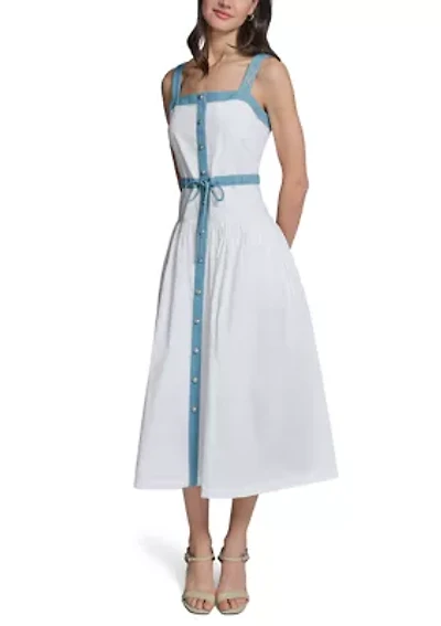 Women's Denim Trim Button Front Midi Dress