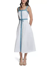 Women's Denim Trim Button Front Midi Dress