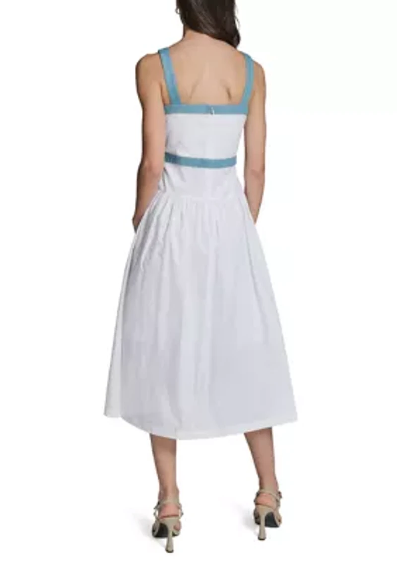 Women's Denim Trim Button Front Midi Dress