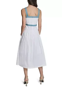 Women's Denim Trim Button Front Midi Dress