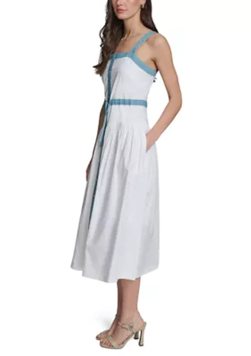 Women's Denim Trim Button Front Midi Dress