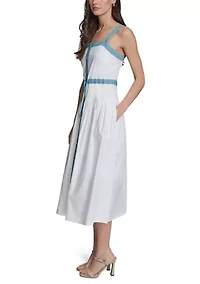 Women's Denim Trim Button Front Midi Dress