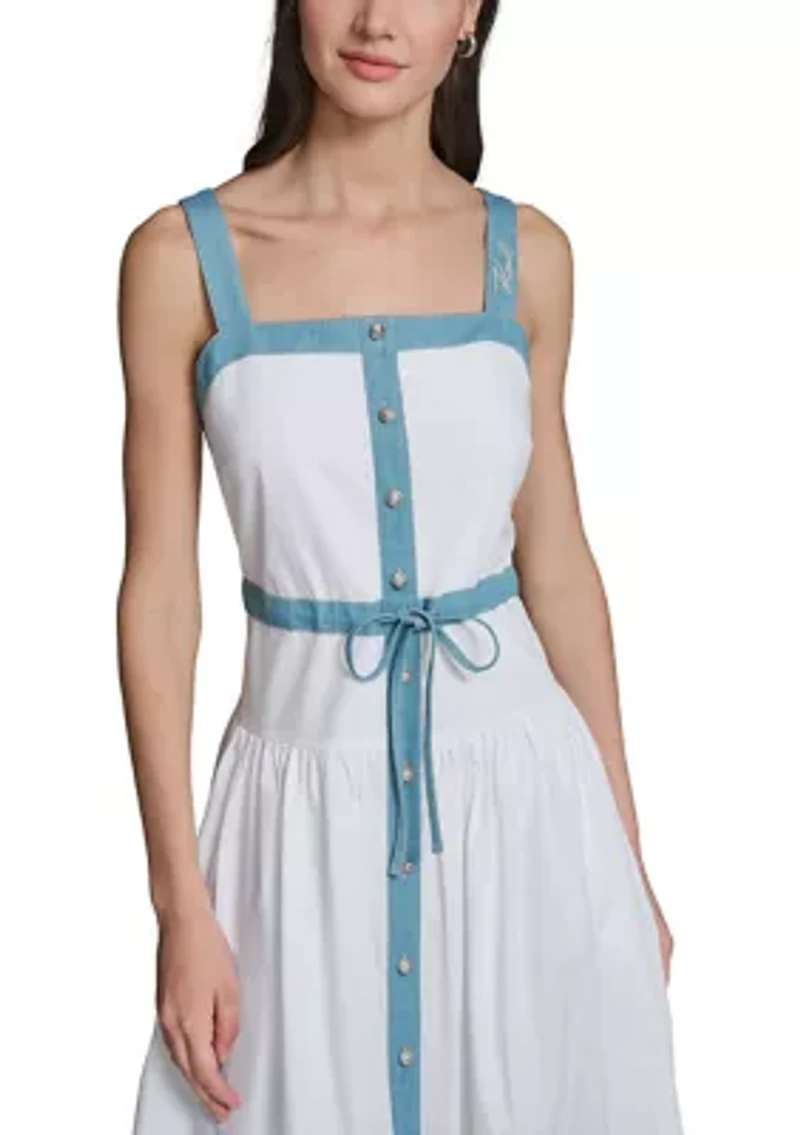 Women's Denim Trim Button Front Midi Dress