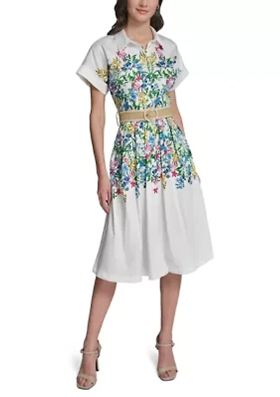 Women's Short Sleeve Floral Printed Belted Dress