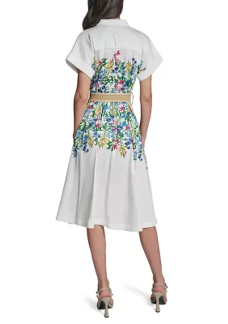 Women's Short Sleeve Floral Printed Belted Dress