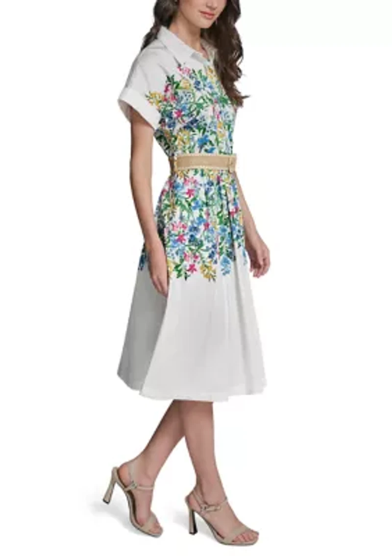 Women's Short Sleeve Floral Printed Belted Dress