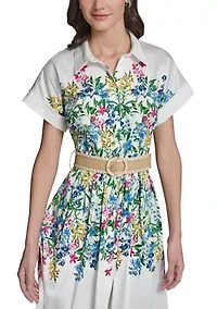 Women's Short Sleeve Floral Printed Belted Dress