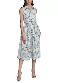 Women's Sleeveless Scenic Printed Shirt Dress