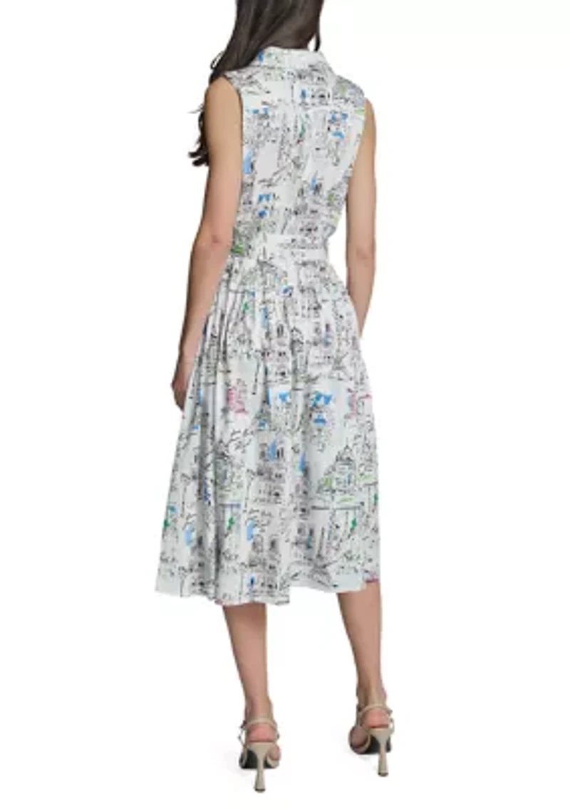 Women's Sleeveless Scenic Printed Shirt Dress