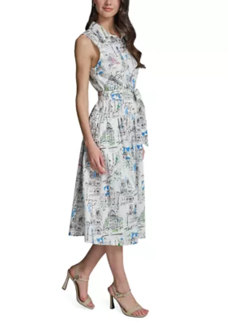 Women's Sleeveless Scenic Printed Shirt Dress