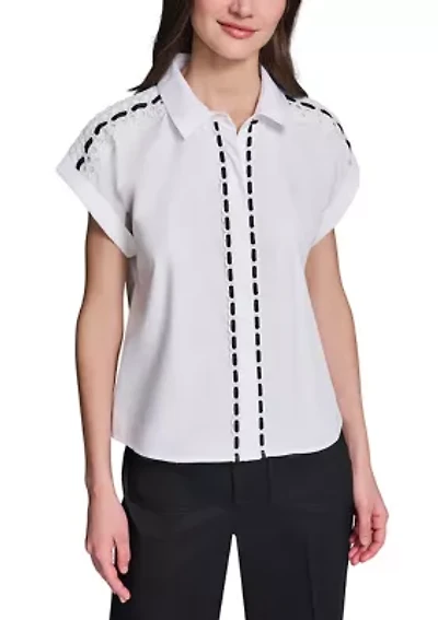 Women's Crochet Ribbon Trim Shirt