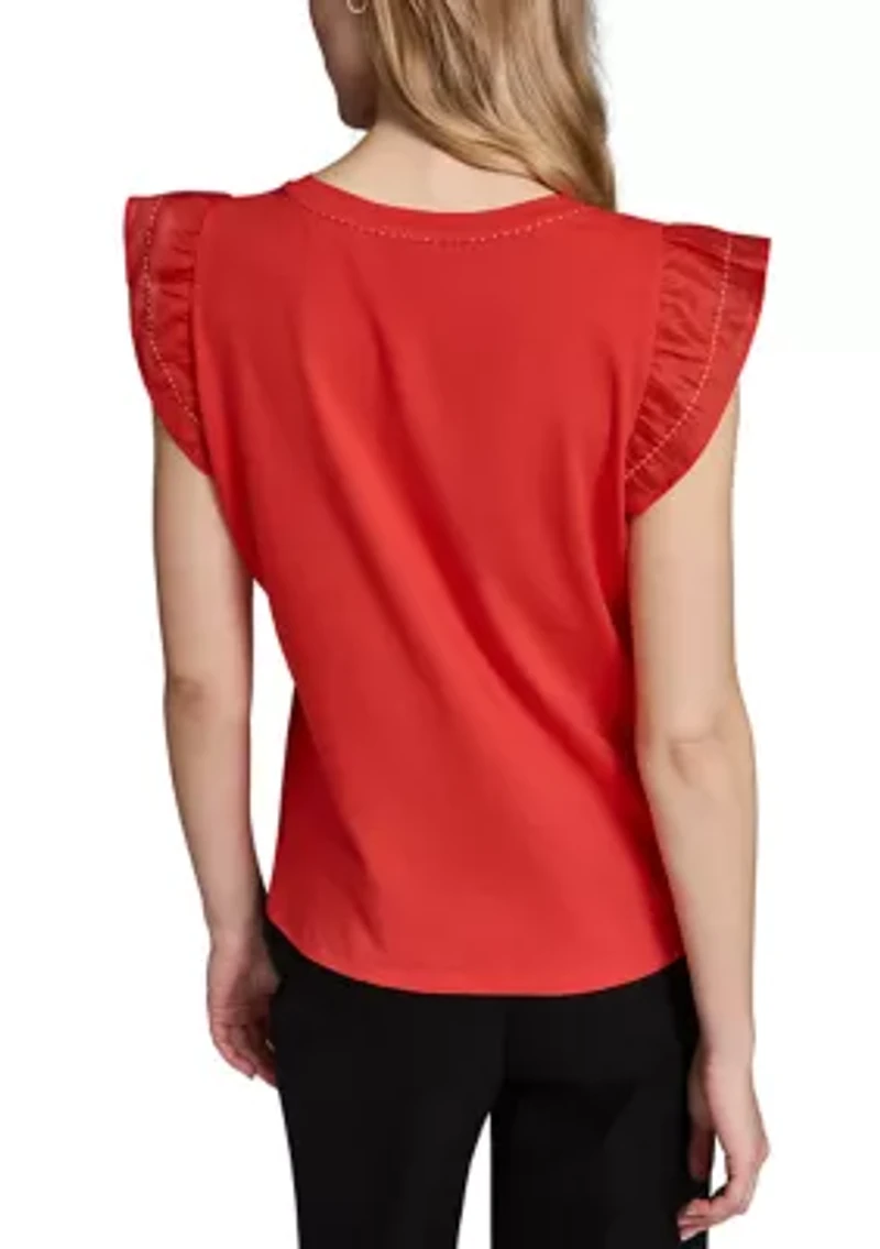 Women's Ruffle Sleeve Crew Neck Knit Top