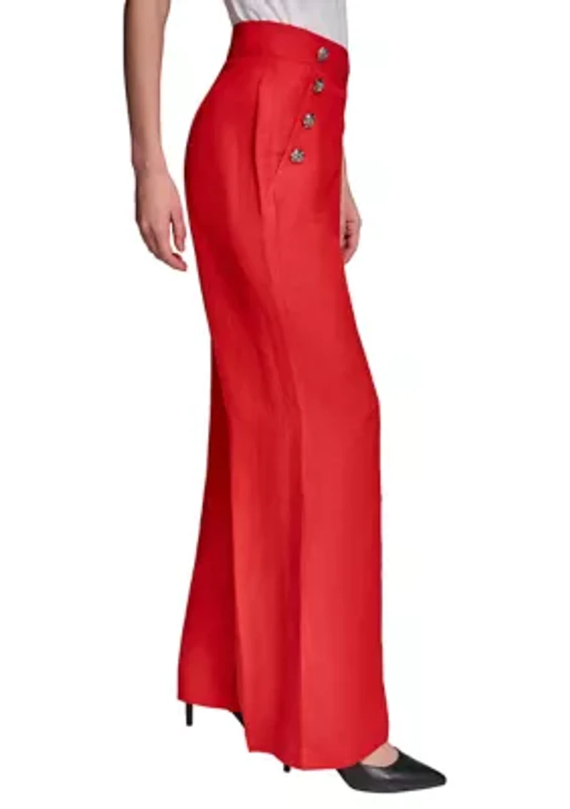 Women's Wide Leg Button Detail Linen Pants